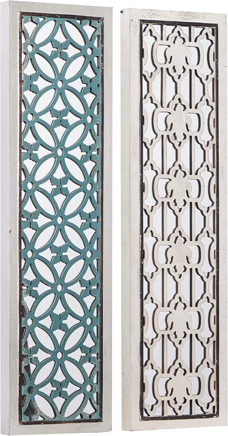 White and Blue Geometric Carved MDF Full Length Mirror Set