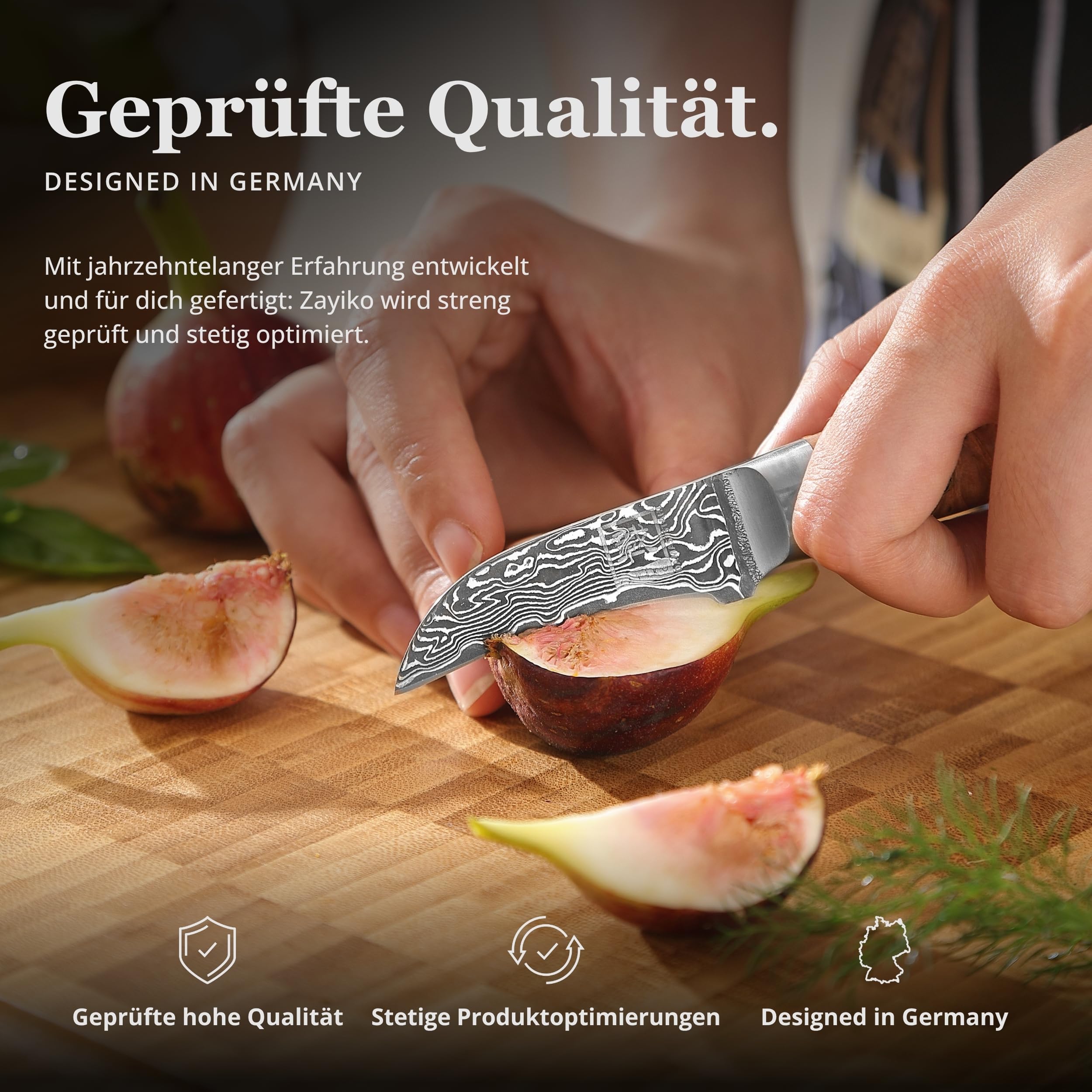 zayiko Kinone Schälmesser 6 cm, 67 Lagen Damaststahl, VG10 Kern, 60 ± 2 HRC | Dunkles Klingenfinish, Birkenwurzelholzgriff, beidseitiger 15° V-Schliff, zum Schälen, Putzen und Tournieren, mit Geschenkbox