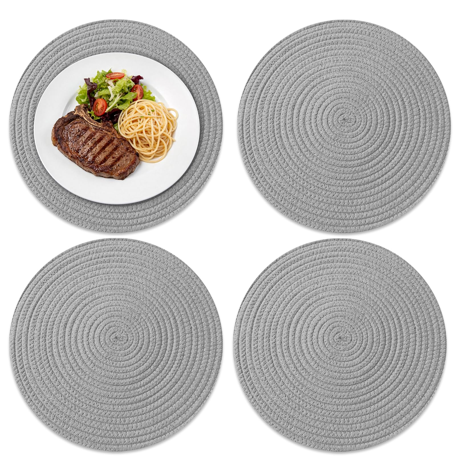 JDF3EE Table Mats Set of 4, Round Cotton Braided Woven Placemats, Heat Resistant Plate Placemats, Easy to Clean, Washable, Thick Protects the Table for Dining Outdoor Garden Table(34CM，Grey）