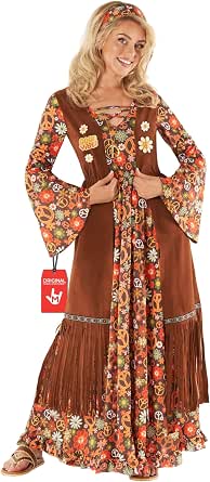 Women's Hippie Costume with Floral Dress, Fringe Vest, and Headband