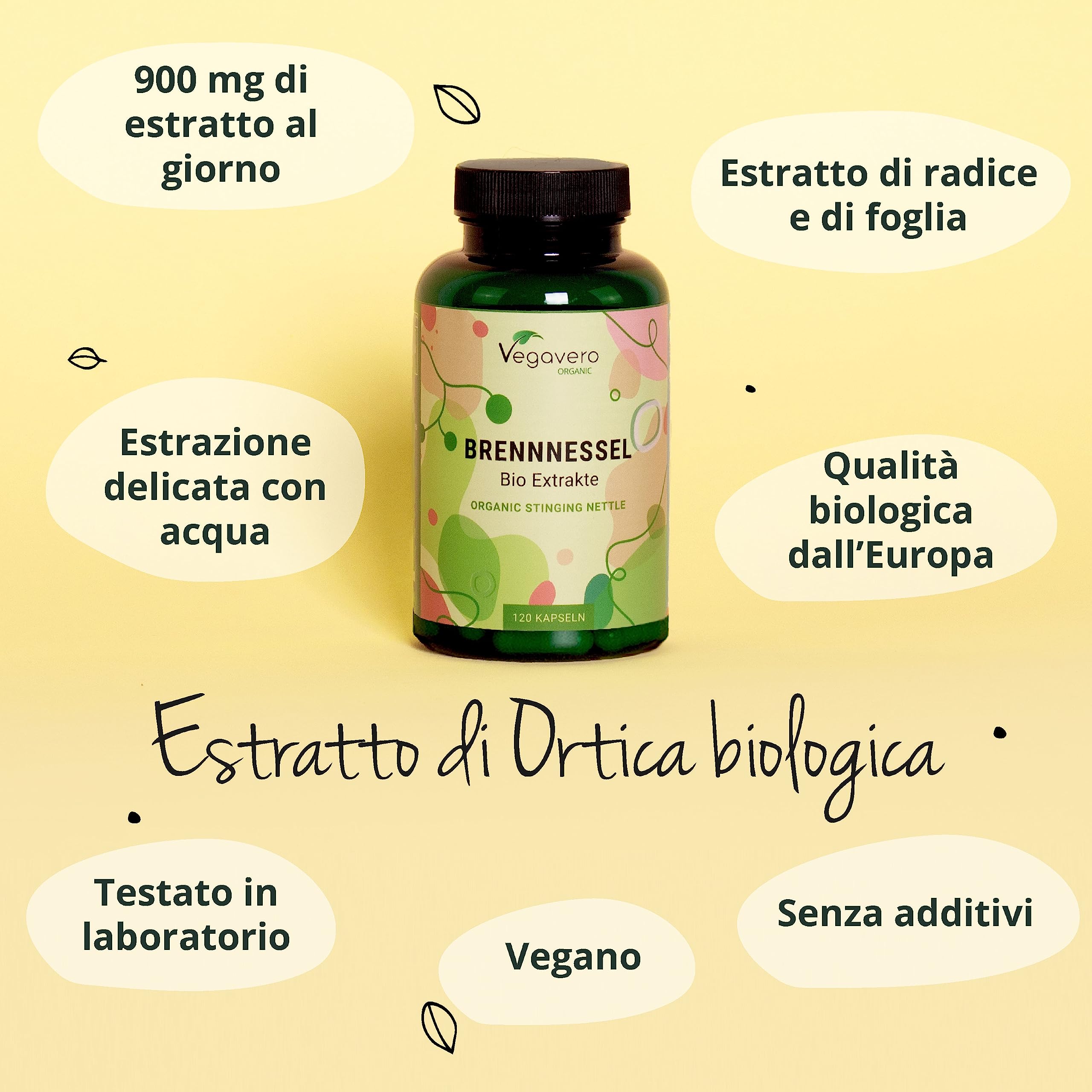 ORTICA BIO Vegavero® | 450 mg di Estratto di Radice e Foglie di Urtica Dioica | Prostata e Benessere Vie Urinarie | 100% BIOLOGICA | Origine: Europa | 120 capsule | Vegan