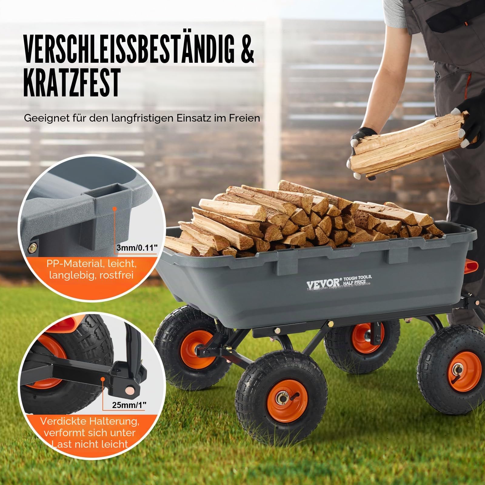 VEVOR Gartenwagen, Gartenkarre mit leicht zu montierendem Stahlrahmen, Kippbarer Transportwagen mit umwandelbarem 2-in-1-Griff, Mehrzweck-Schubkarre mit 360 kg Tragfähigkeit, 255 mm Reifen