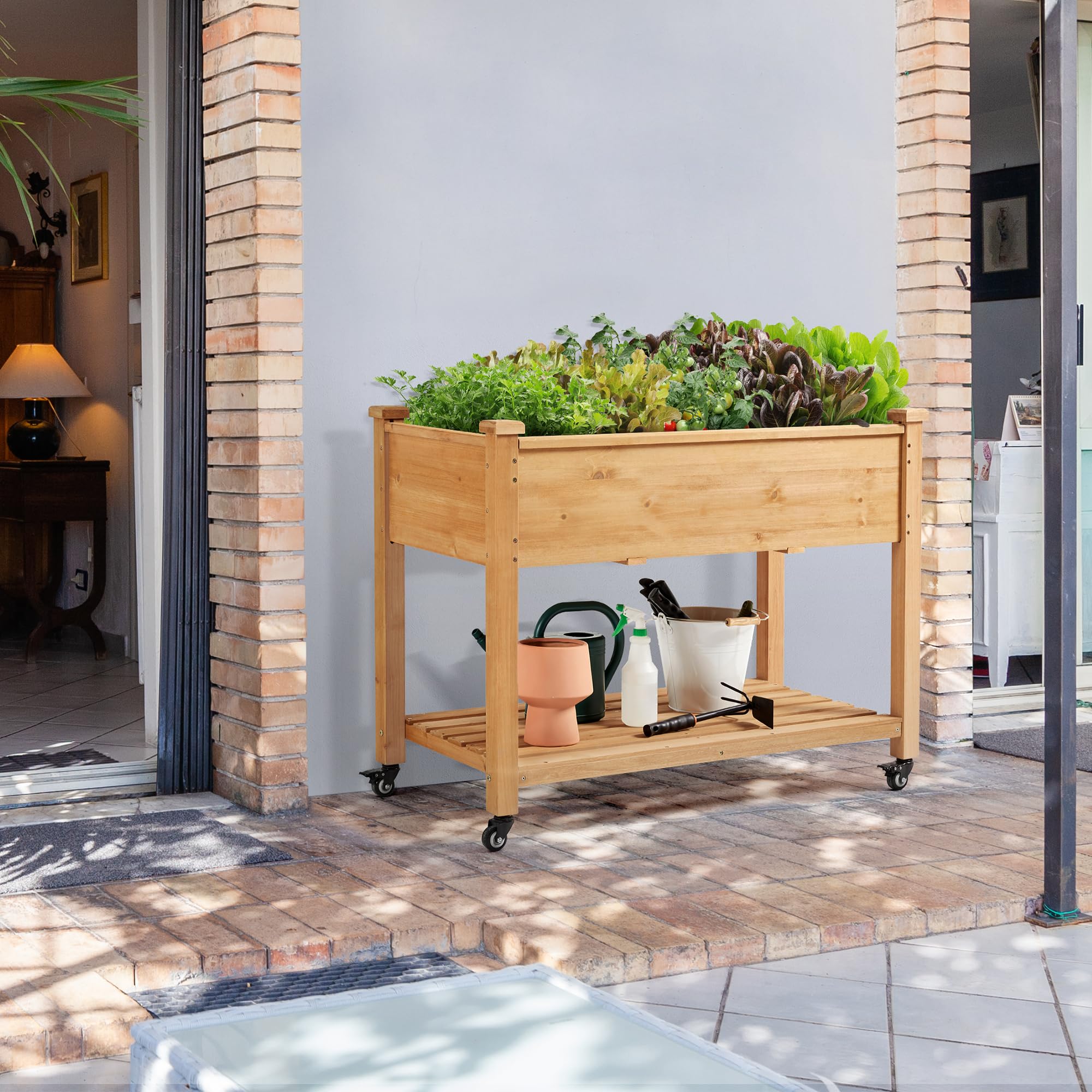 Yaheetech Huerto Urbano Elevado de Madera de Abeto Mesa de Cultivo de 2 Niveles con Ruedas Desmontables, Forro no Tejido, Ideal para Flores y Vegetales Marrón Claro 105 x 56 x 83 cm
