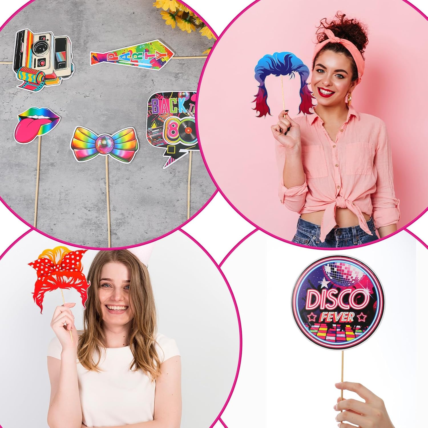 29Pcs Photo Booth Props 80s Party Decorations, Disco Photo Booth Props with 30Pcs Wooden Dowel Sticks 30Pcs Glue Points, Colorful 80s Theme Party Decorations - Image 7