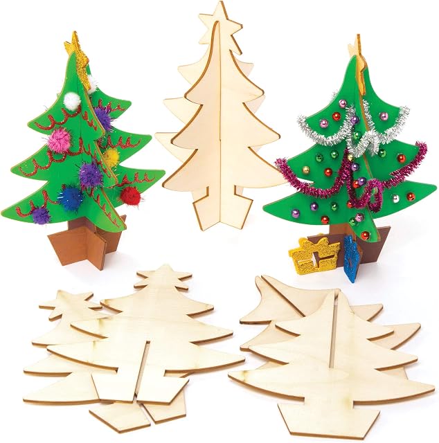 Baker Ross AW983 Wooden 3D Christmas Trees Kit, Festive Arts and Crafts (Pack of 5), Assorted