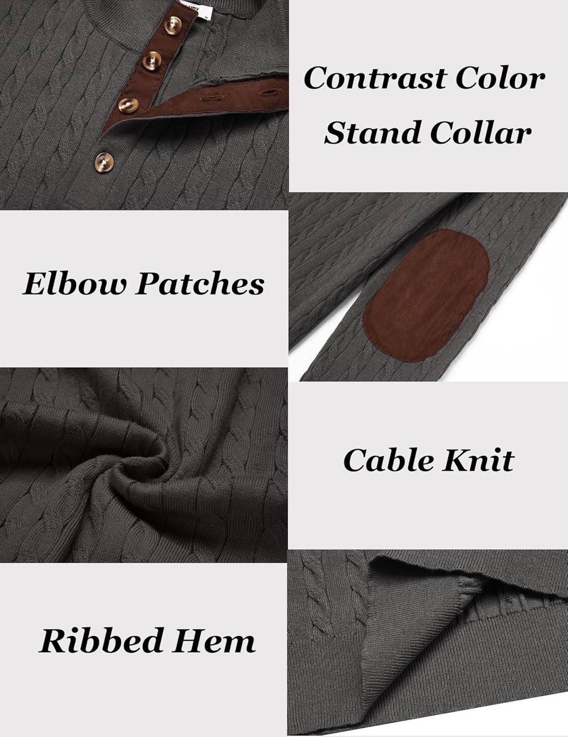 COOFNDY Mens Cable Knitted Pullover Sweaters Casual Long Sleeve Stand Collar Button Up Knit Sweaters