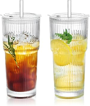 Puraville 2 Pack Glass Cups with Lids and Straws, 20oz, Ribbed Pattern