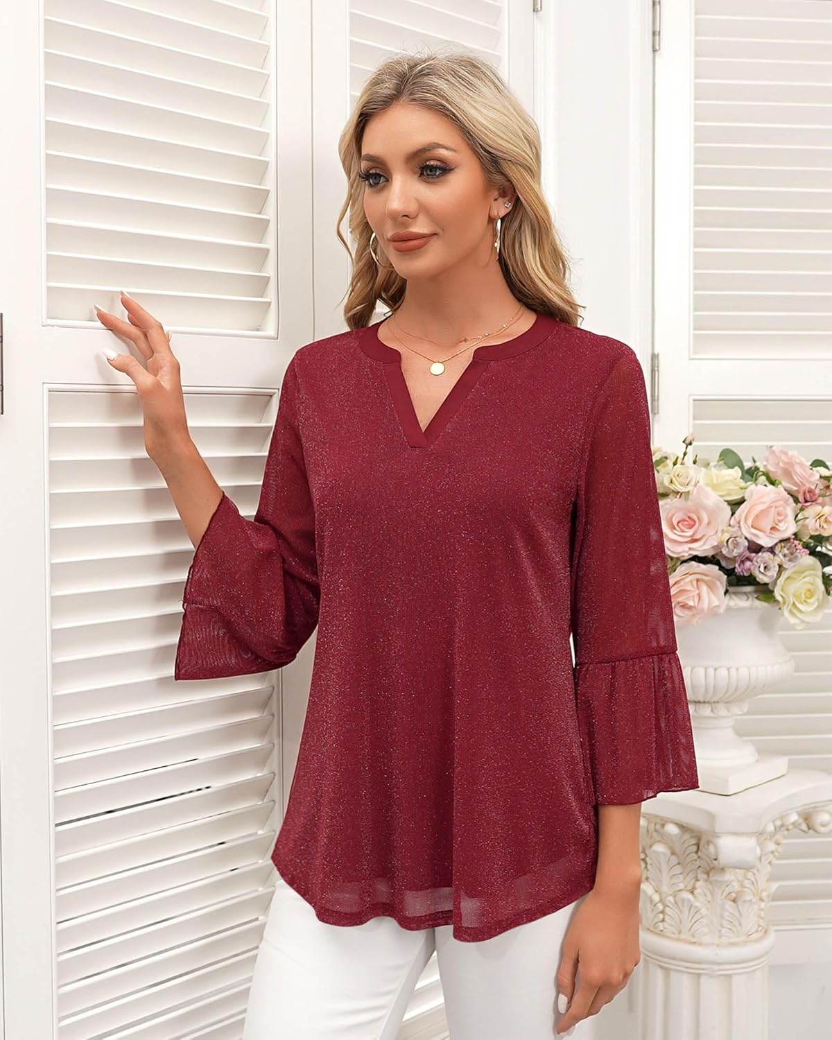 Timeson Women's 3/4 Sleeve Tops and Blouses V Neck Business Casual Shirts Dressy Tunics - Image 3