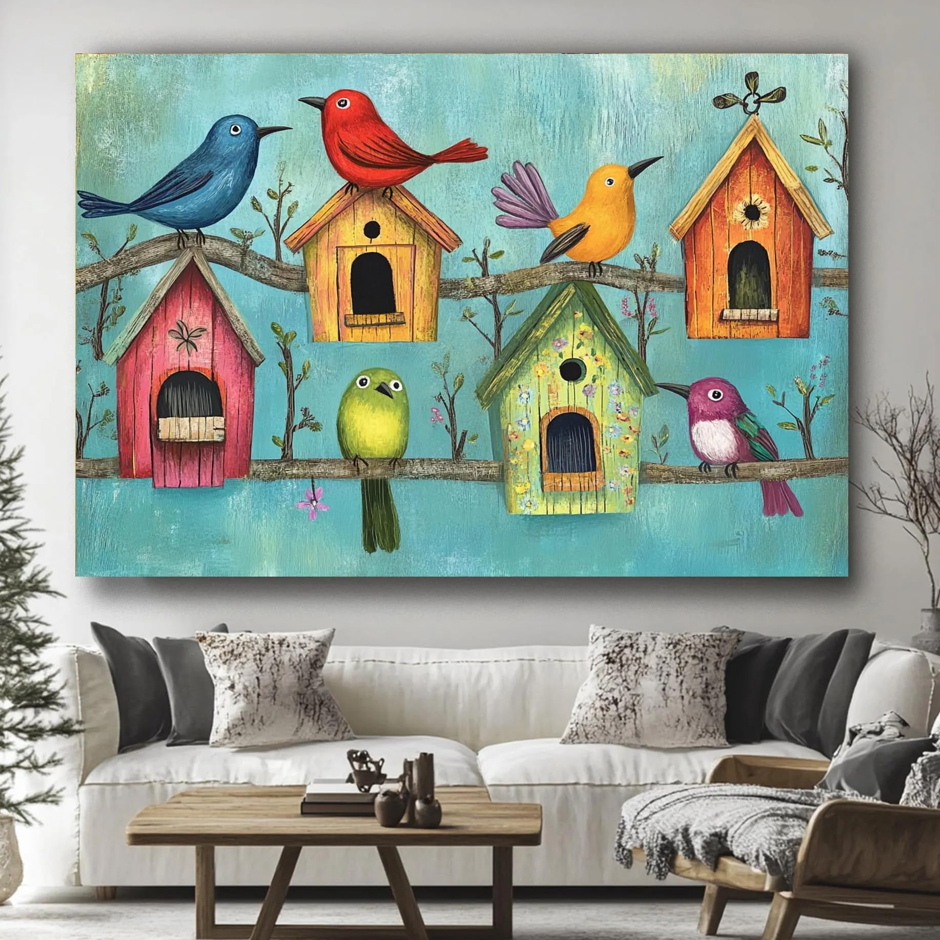 VIEAXSQU Affiche « Oiseaux sur des branches d'arbre », nichoirs en bois, toile à fond texturé (70 x 100 cm, avec cadre)