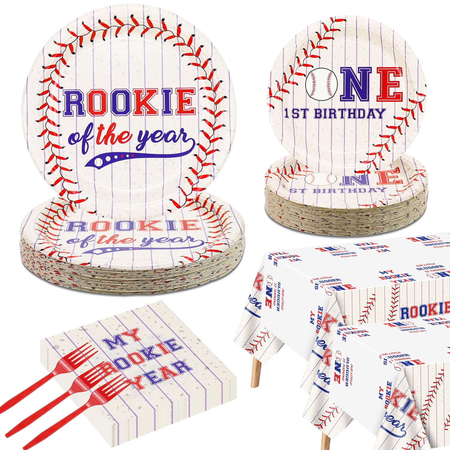 baseball 1st birthday party supplies for 40 guests, disposable tableware set includes rookie of the year paper plates, tablecloths, napkins and forks for boys baby first baseball party decorations ( incomplete only in tablecloths)