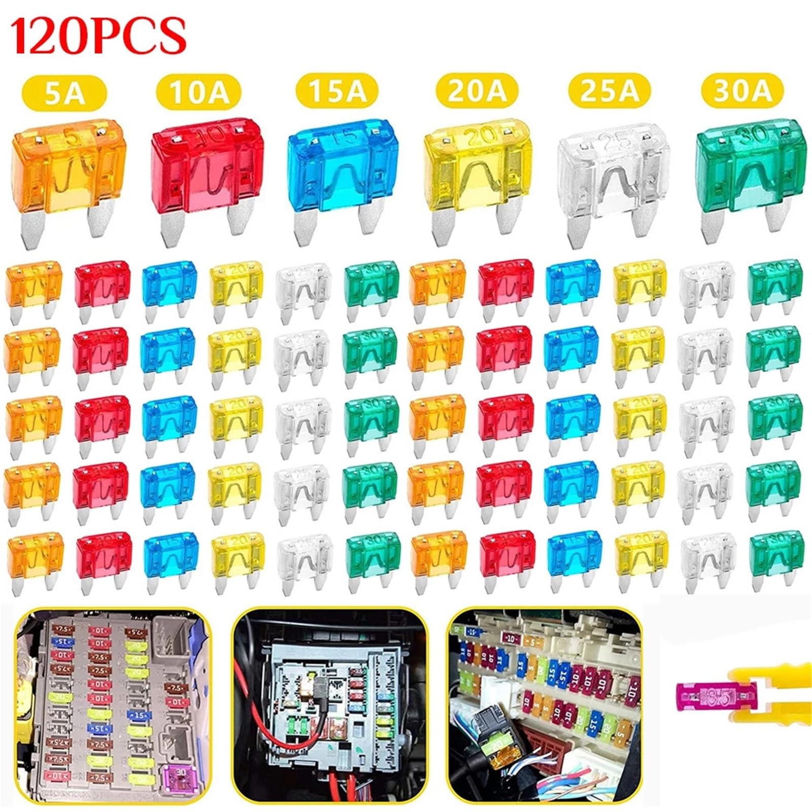 Kit de fusibles de seguridad for coches y camiones (60-300 piezas, surtido) de repuesto for cuchillas de 5/10/15/20/25/30 A(120PCS)