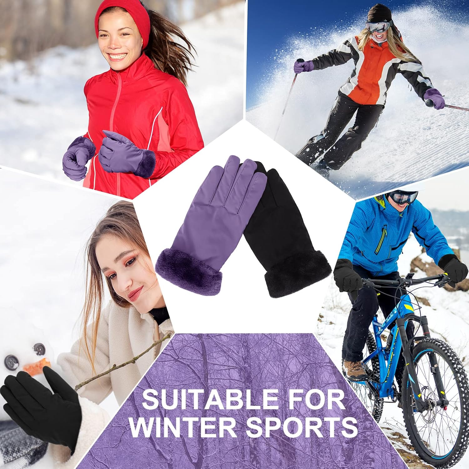 Eurzom 2 Pair Women's Waterproof Touchscreen Ski Gloves Winter Ski Snow Snowboarding Gloves Windproof Snow Accessories