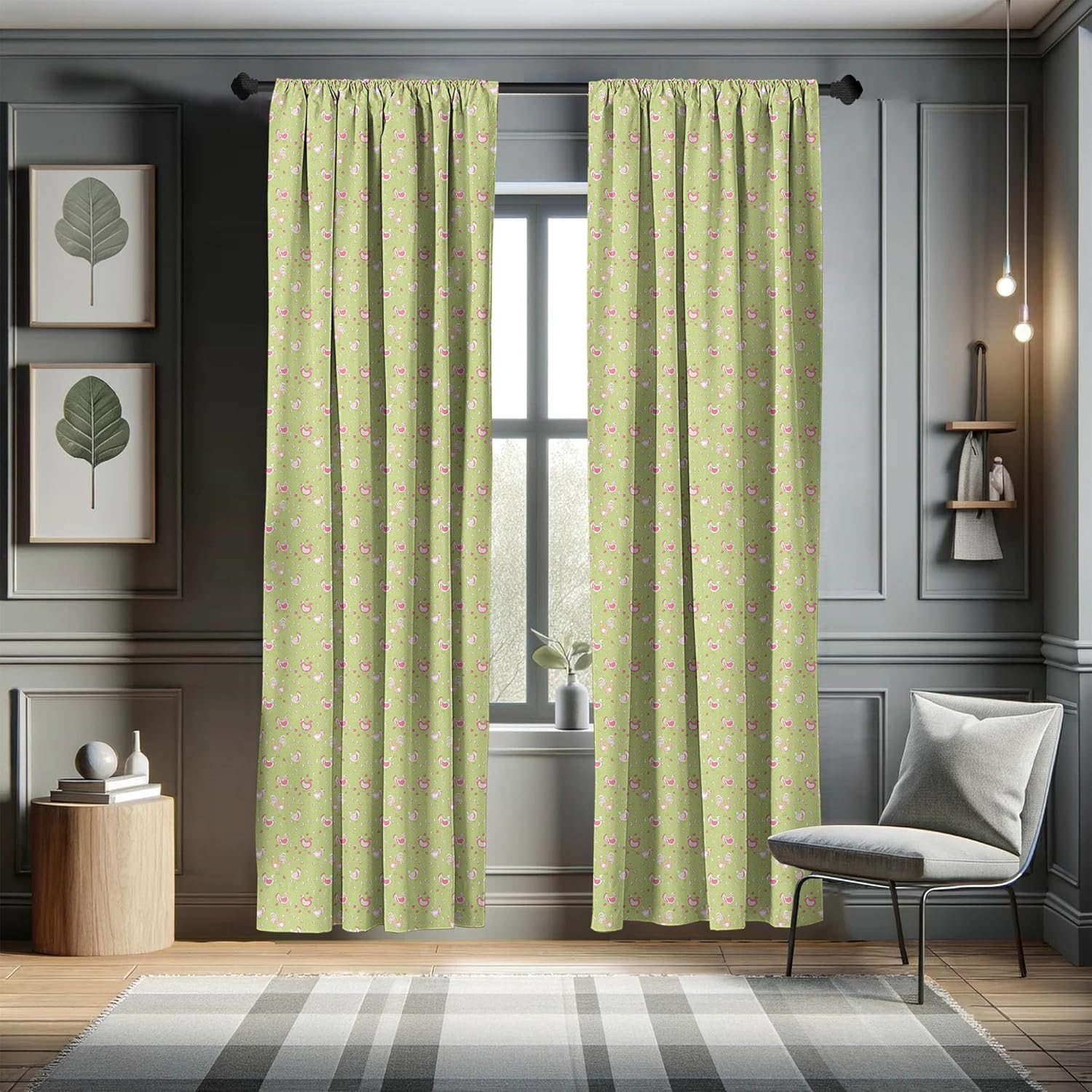 Ambesonne Hen and Chicks Curtains, Cartoon Pattern with Chicken and Rooster, Window Treatments 2 Panel Set for Living Room Bedroom, Pair of - 28" x 95", Green Pink