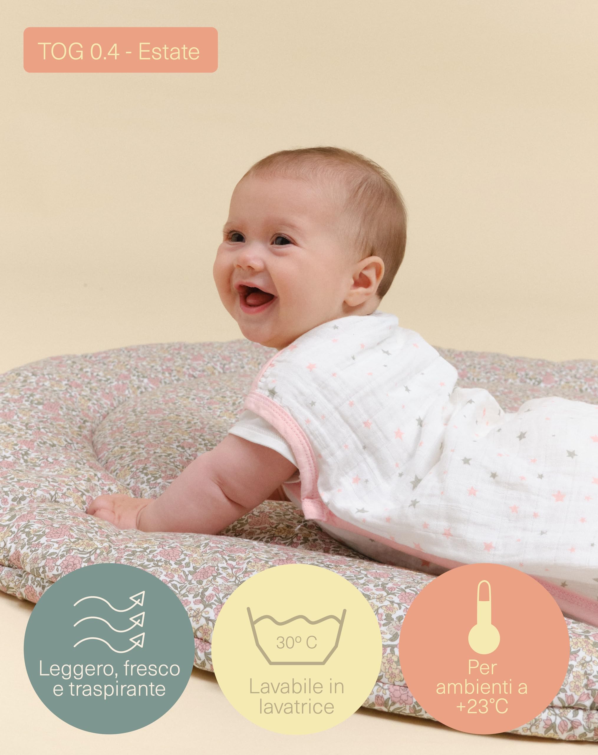 molis&co - Sacco Nanna per Neonate 100% cotone. 0.4 TOG. Da 6 a 18 mesi. Ideale per i Mesi Estivi. Morbidezza e freschezza in un unico strato di tessuto (85 cm - Pink sky)