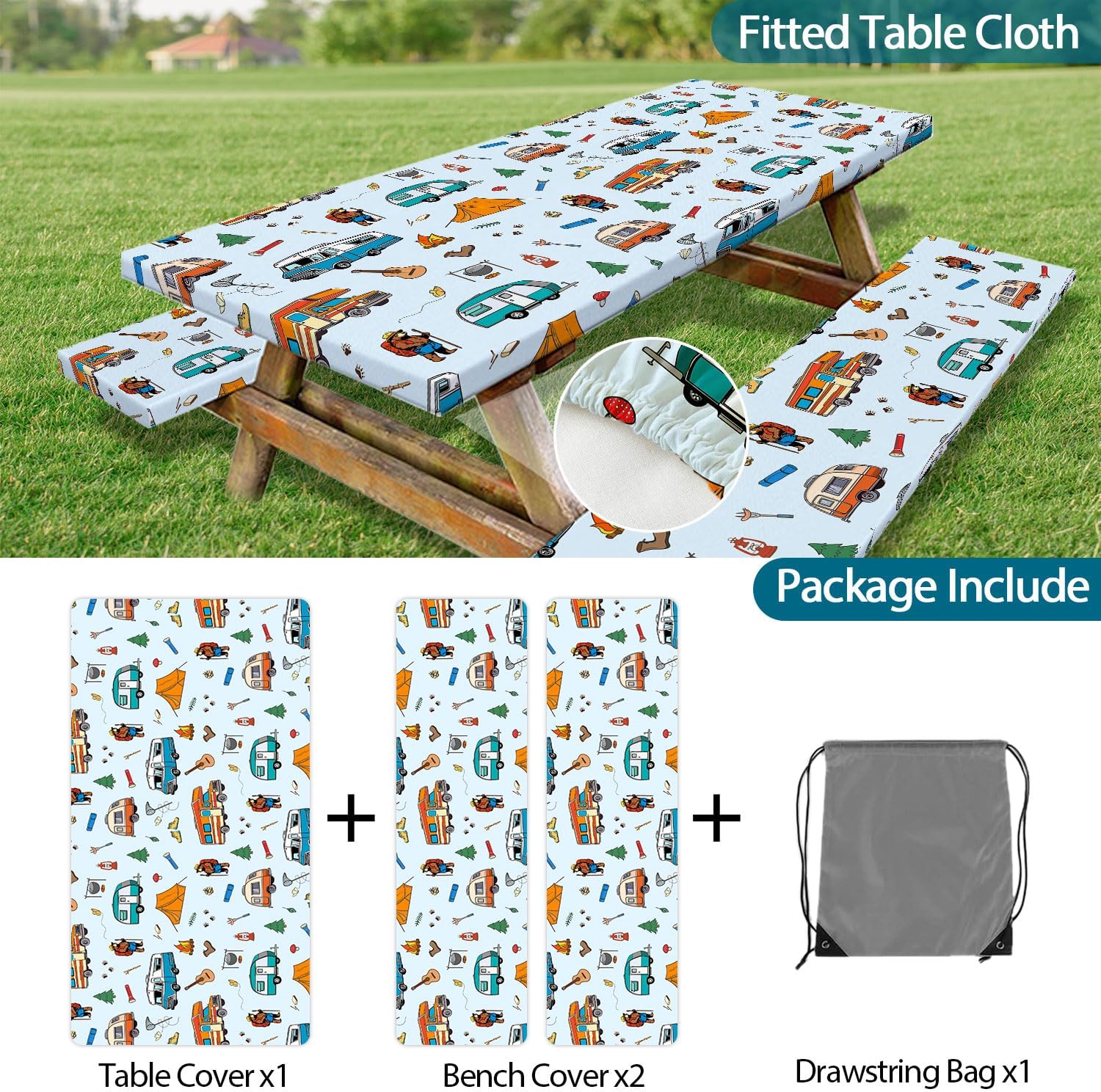 Picnic Table Cover with Bench Covers Elastic Fitted Table Cover Waterproof Windproof Picnic Essentials Tablecloth with Drawstring Bag for Outdoor Camping Beige 30"x96"in