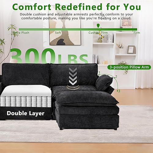 Miniatura 5 de Sofá modular de 124 pulgadas, sofá nube de felpilla en forma de U con almacenamiento, 2 otomanas, carga inalámbrica, altavoz, luz, 2 portavasos para