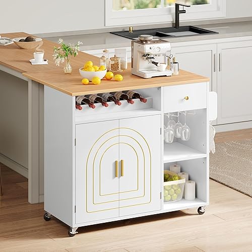 Miniatura 2 de YITAHOME Isla de cocina con hoja plegable, carrito de cocina rodante con 2 puertas de gabinete doradas, armario de isla de cocina con ruedas con