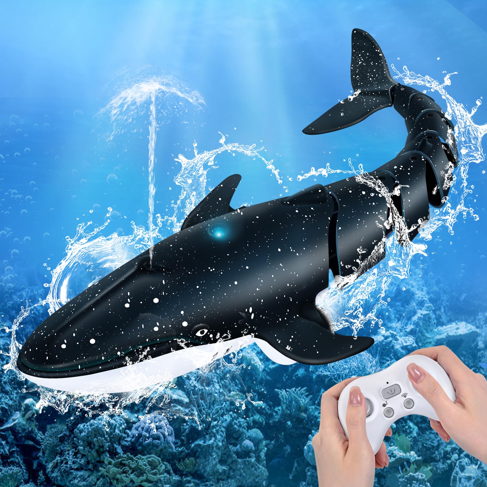 IEEILULU Ferngesteuertes Wal Wasserspielzeug, 2.4GHz Ferngesteuertes Wal Spielzeug mit Wassersprüheffekt, Wasserdichter Fernbedienung, Elektrische Simulation Spielzeug Geschenk für 6+ Kinder (Blau)