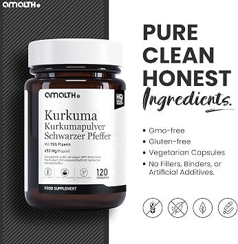 Amalth Turmeric Capsules - Curcuma Capsules with Turmeric Extract & Turmeric Powder - with Black Pepper (Piperine) - 650 mg per Capsule - 120 Vegan Capsules - Laboratory Tested