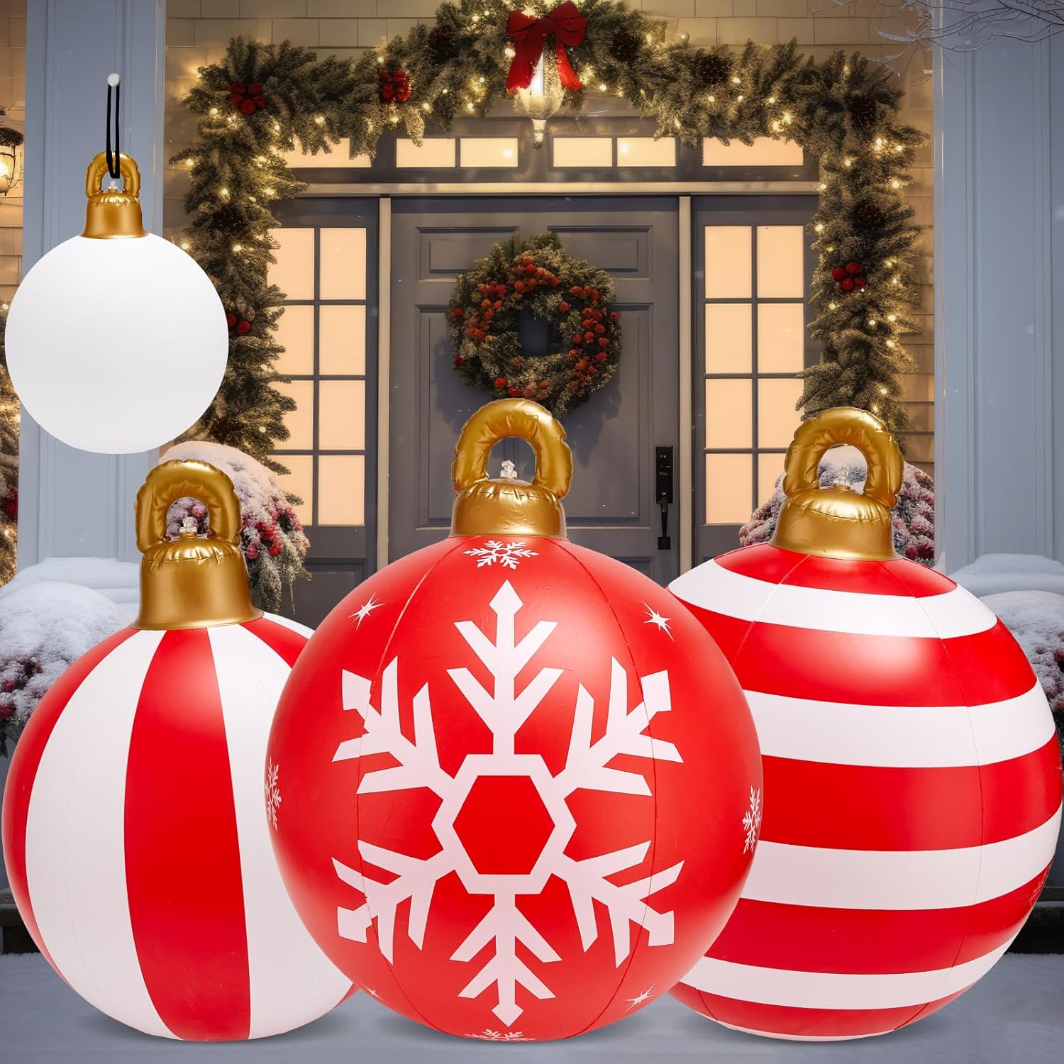 4Pcs Large Inflatable Ornaments Christmas Balls Giant PVC Decorated Ball 24/18/12 Inch Red and White Stripes Snowflake Xmas Party Supplies Blow Up Yard Decor for Xmas Garden Lawn Porch Indoor Outdoor