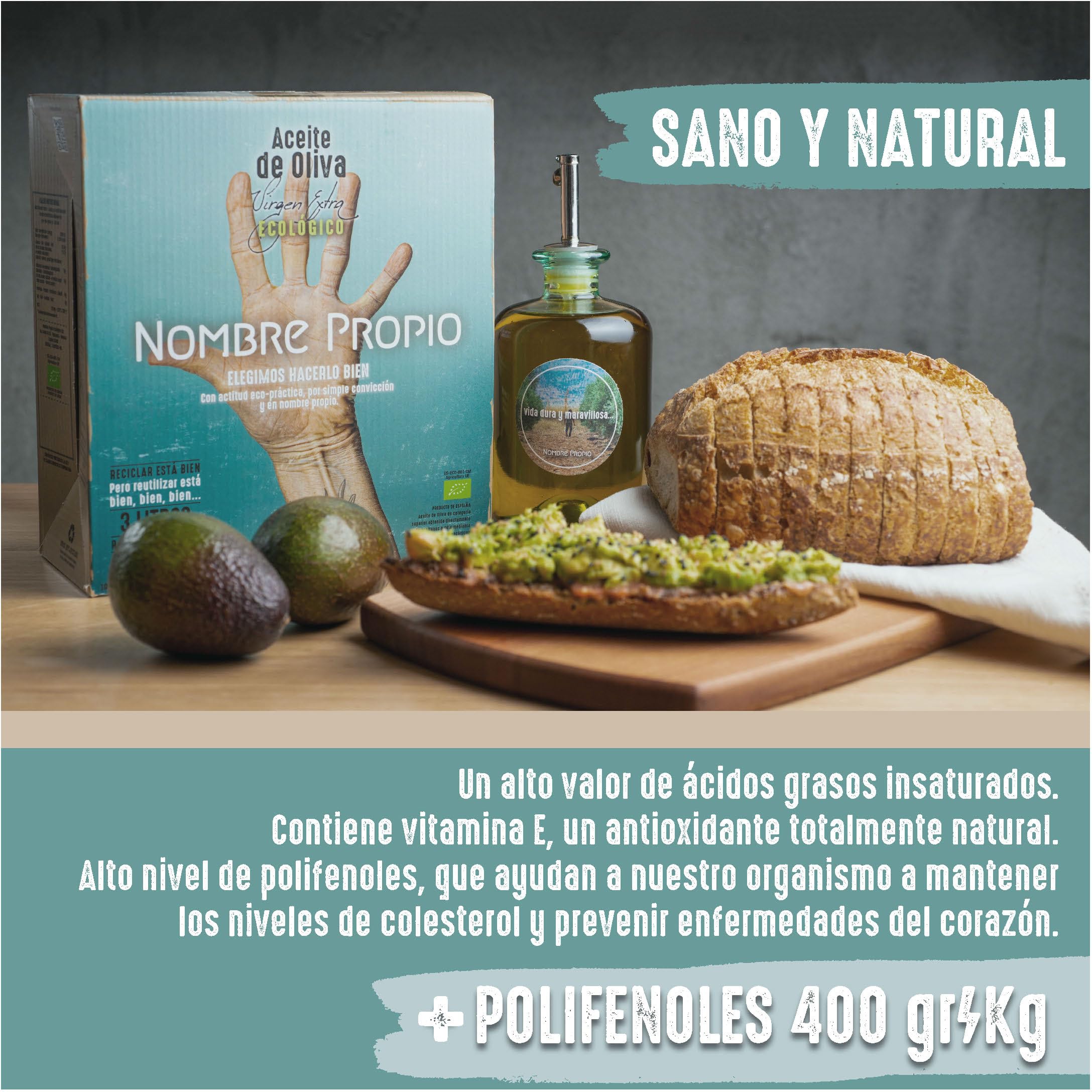 NOMBRE PROPIO Aceite de Oliva Virgen Extra Ecológico. 100% Español - Formato Bag in Box, 3L (Picual+ Arbequina). Rico en polifenoles. Certificación Europea. Aceite de oliva 3 litros. AOVE Arbequina.