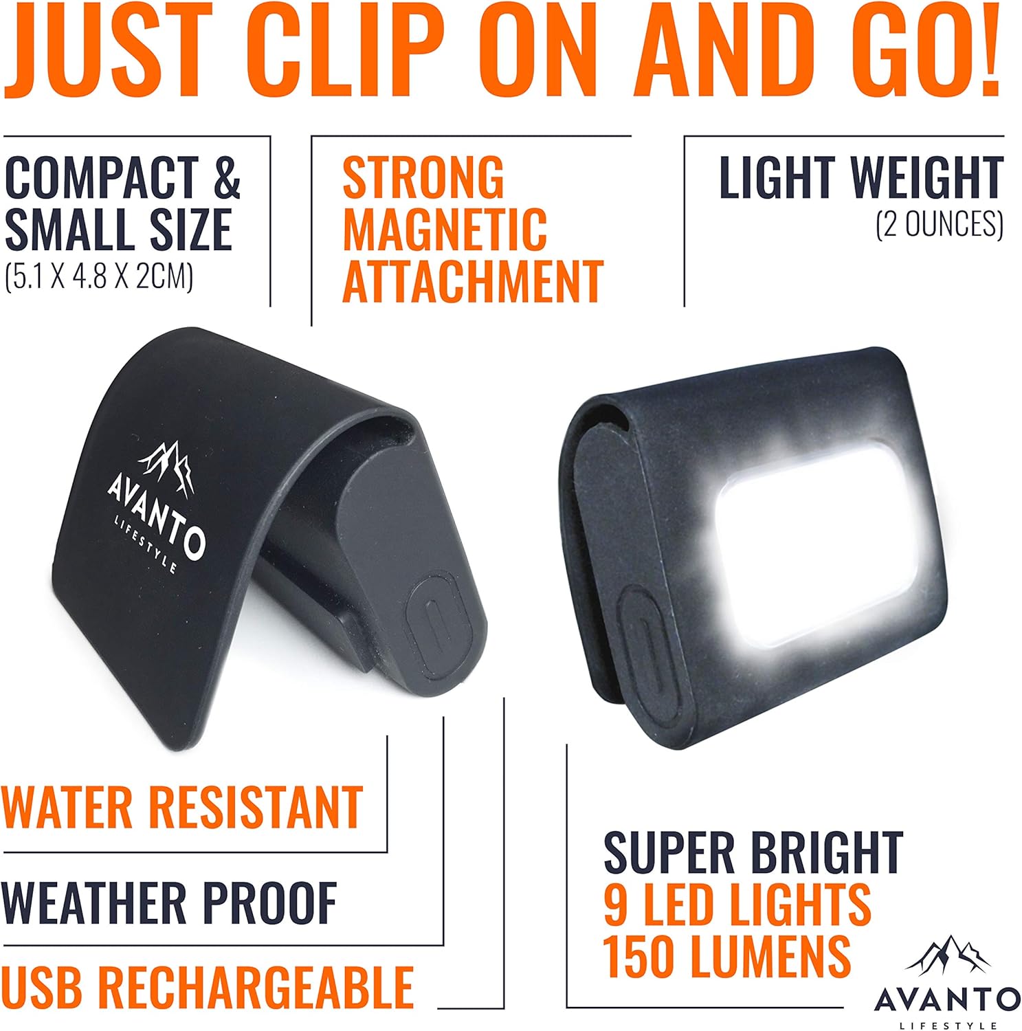 AVANTO Clip On Running Light Classic, Original, 200Lumen LED Light, 1h Usetime, Night Running Gear for Runners, USB Rechargable Running Lights for Runners and Joggers, Addon to Reflective Vests