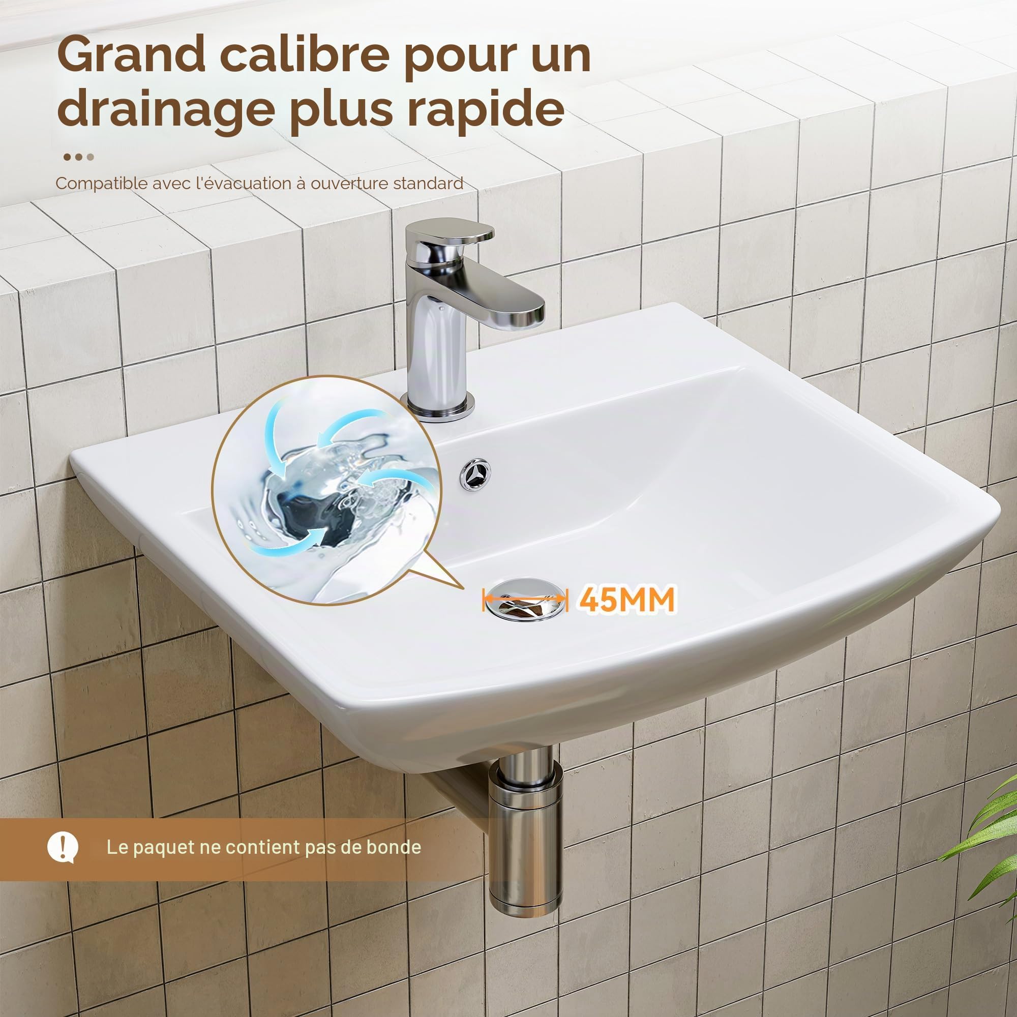 HOROW Lavabo de salle de bain petit avec trop-plein - Lavabo à poser - Pour salle de bain d'invités - Lavabo suspendu - Lavabo mural avec trou pour robinet - En céramique - Blanc - 50 cm