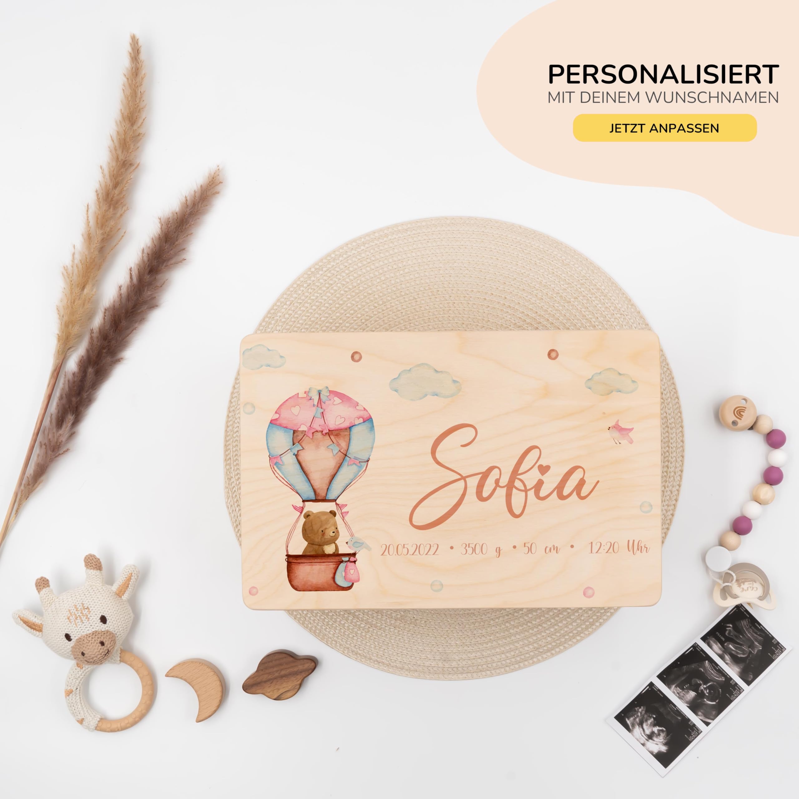 KIDSMOOD - Erinnerungsbox Baby, personalisierte Holzkiste mit Deckel, Ideal zur Aufbewahrung von Erinnerungen und als Geschenk zur Geburt, Taufe oder als Geburtstagsgeschenk für Mädchen und Jungen
