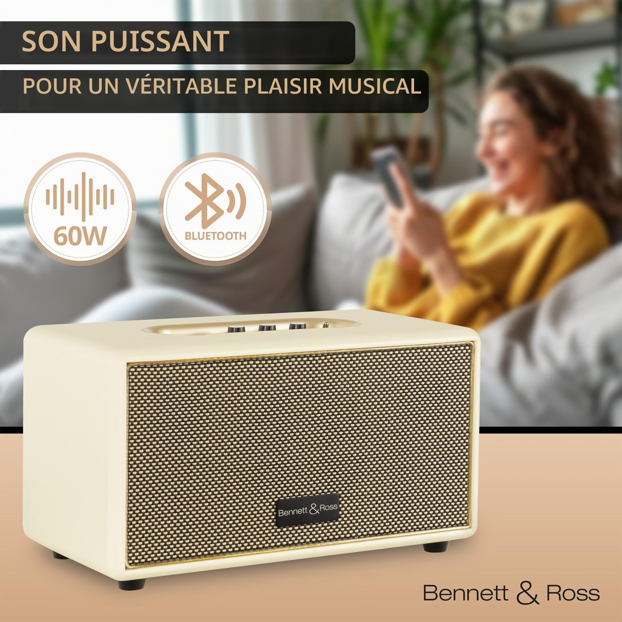 Bennett & Ross BB-860CW Blackmore Haut-Parleur Bluetooth rétro en Cuir - Haut-Parleur Vintage avec 2X 30W - Speaker Entrée USB avec Lecteur MP3 - Jack 3,5 mm avec aux-in - Enceinte Blanc créme