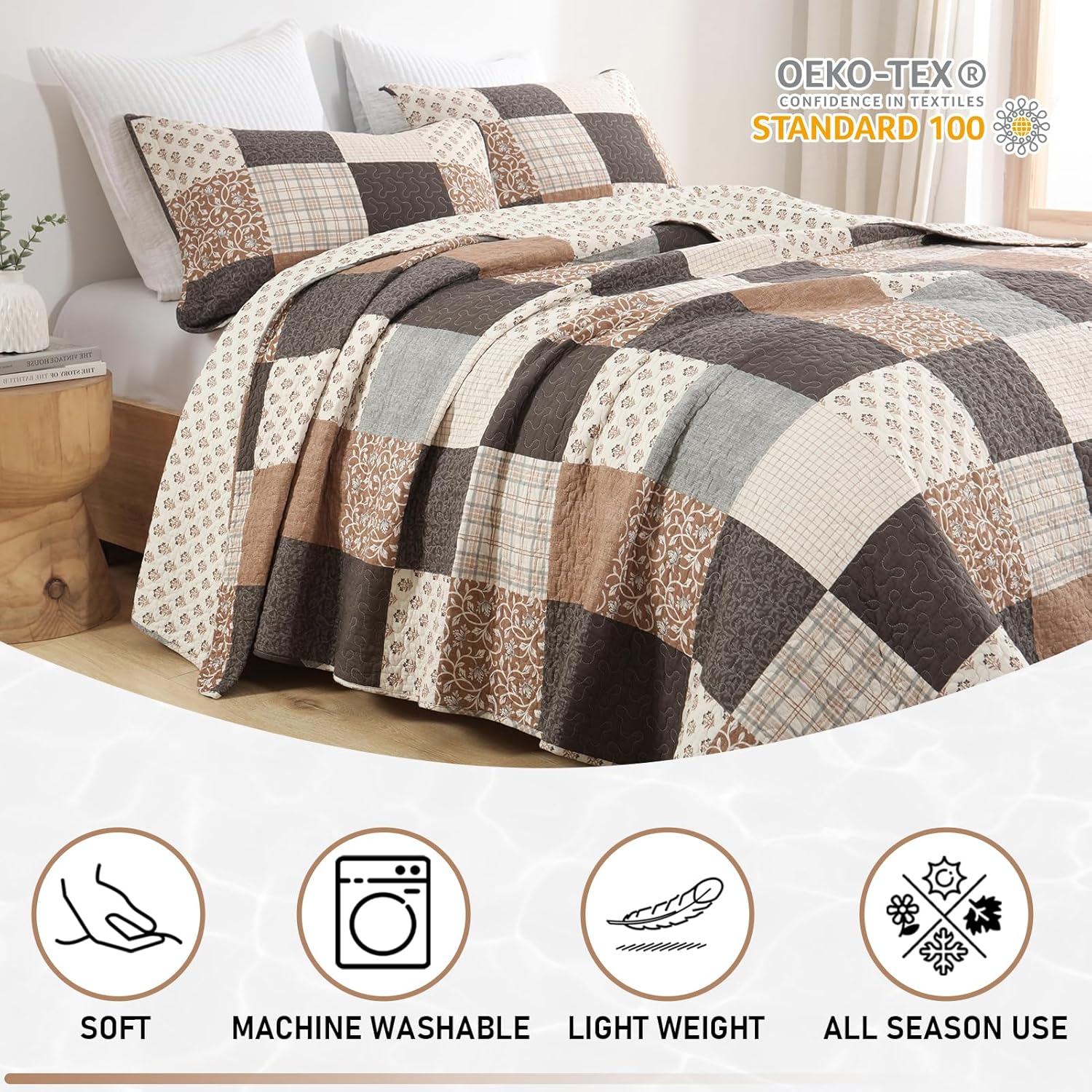KALOOLA Plaid Quilt King Size - 100% Cotton Lightweight Quilted Bedding Set 3 Pcs, Farmhouse Botanical Bedspread with 2 Pillow Shams, Reversible Bed Coverlet for All Season, Brown/Charcoal/Gray - Image 8