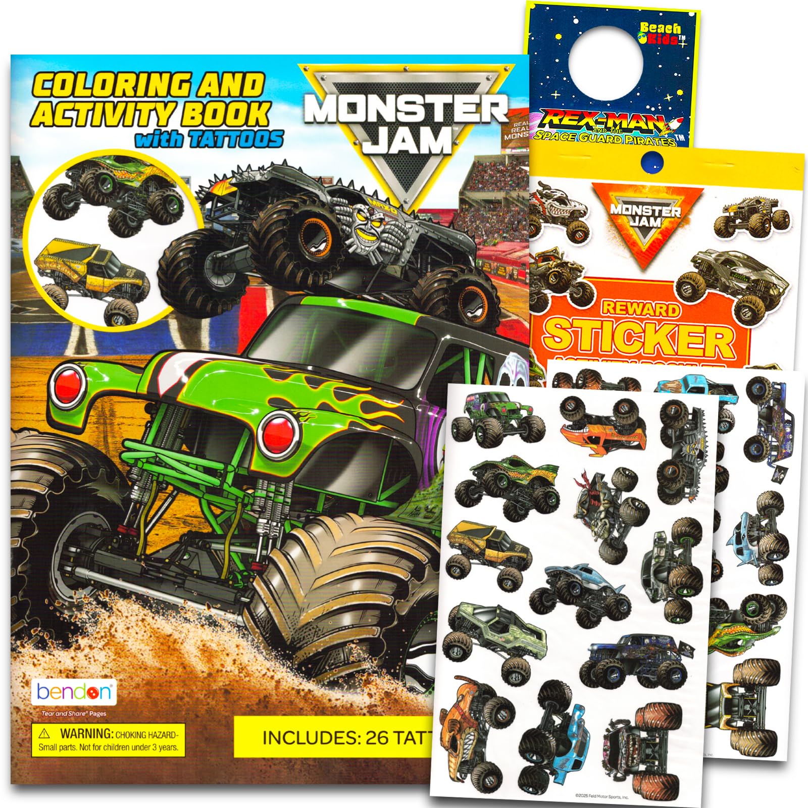 Monster Jam Coloring Book and Activity Set for Kids - 1 Coloring Book with Activities, Games, Stickers, and Rex-Man Door Hanger