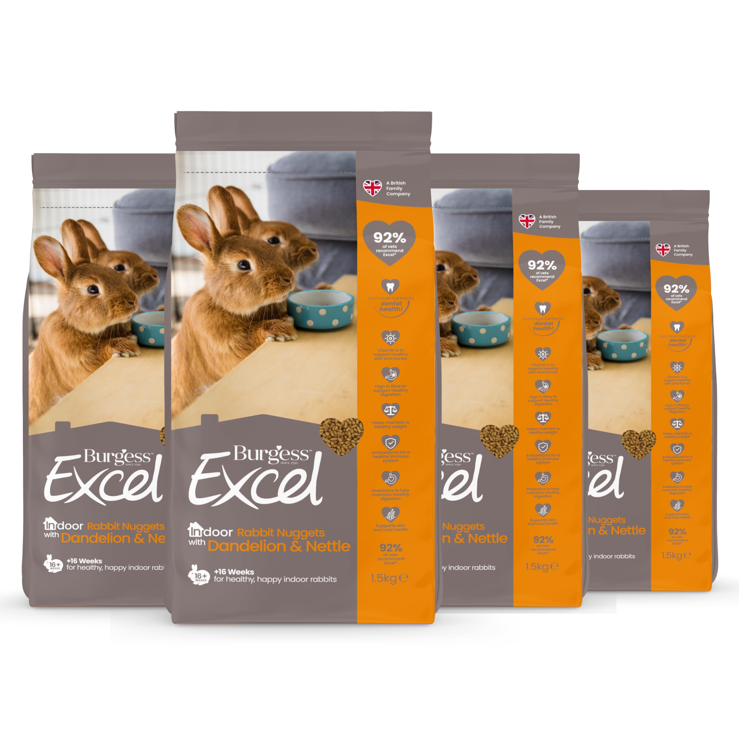 Burgess Excel Indoor Rabbit Food with Dandelion & Nettle, 6kg – Indoor Rabbit Nuggets – High Fibre, Rabbit Pellets (Pack of 4)