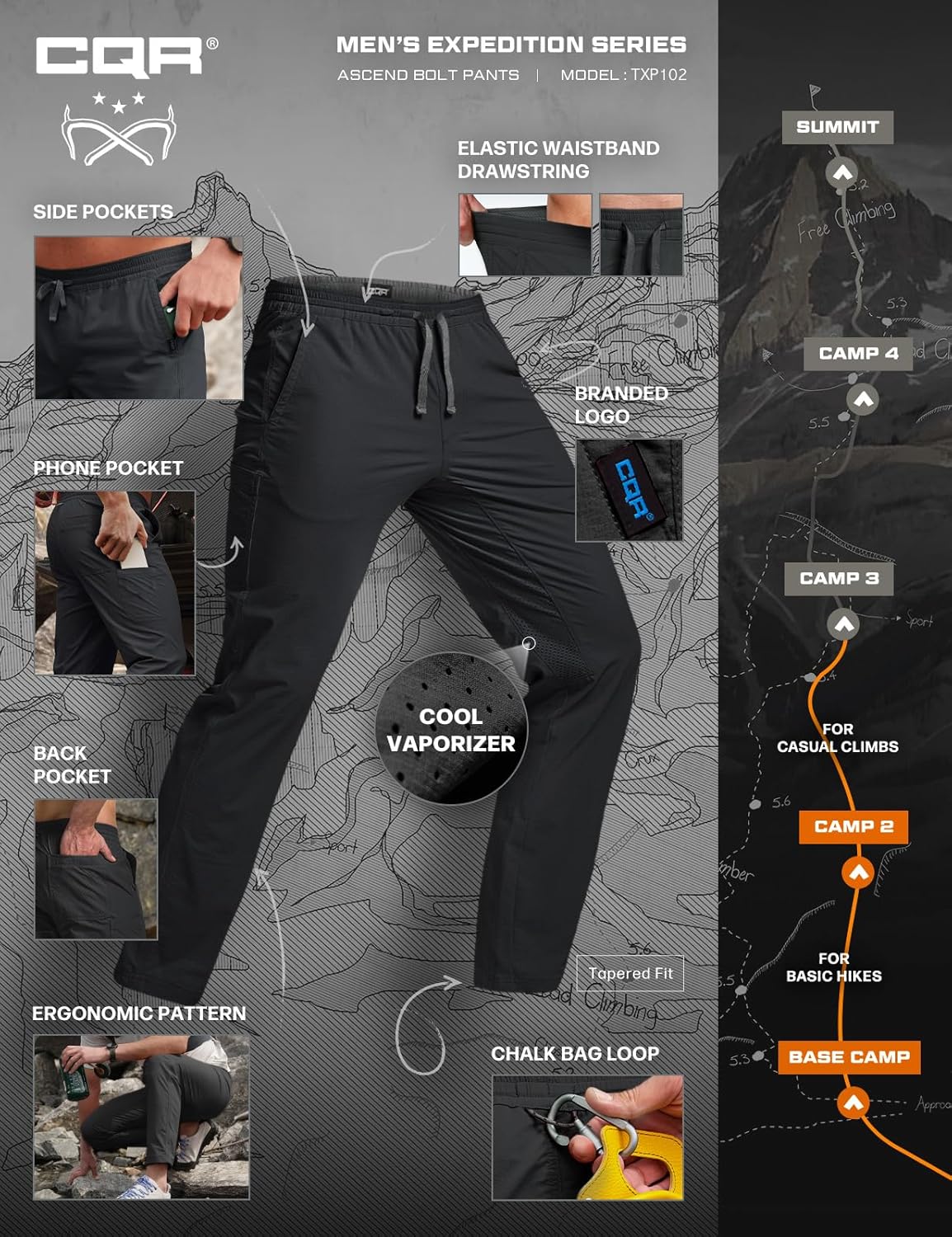 CQR Men's Lightweight Vent Hiking Pants, Water-Resistant & Breathable Sports Outdoor Athletic Pants with Elastic Waist - Image 7