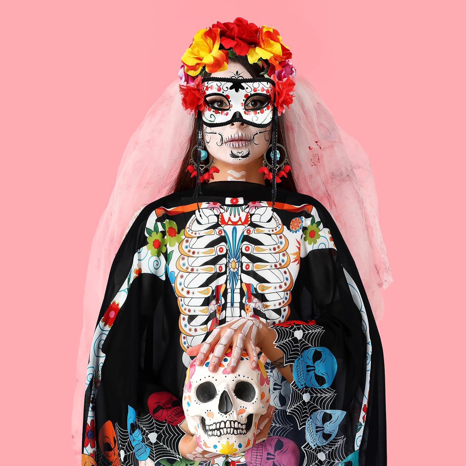 JenPen 4 Pcs Day of the Dead Costume Accessory Kit Skeleton Halloween Costume Chiffon Cape Skull Mask Mexican Flower Crown Earrings for Halloween Party Women