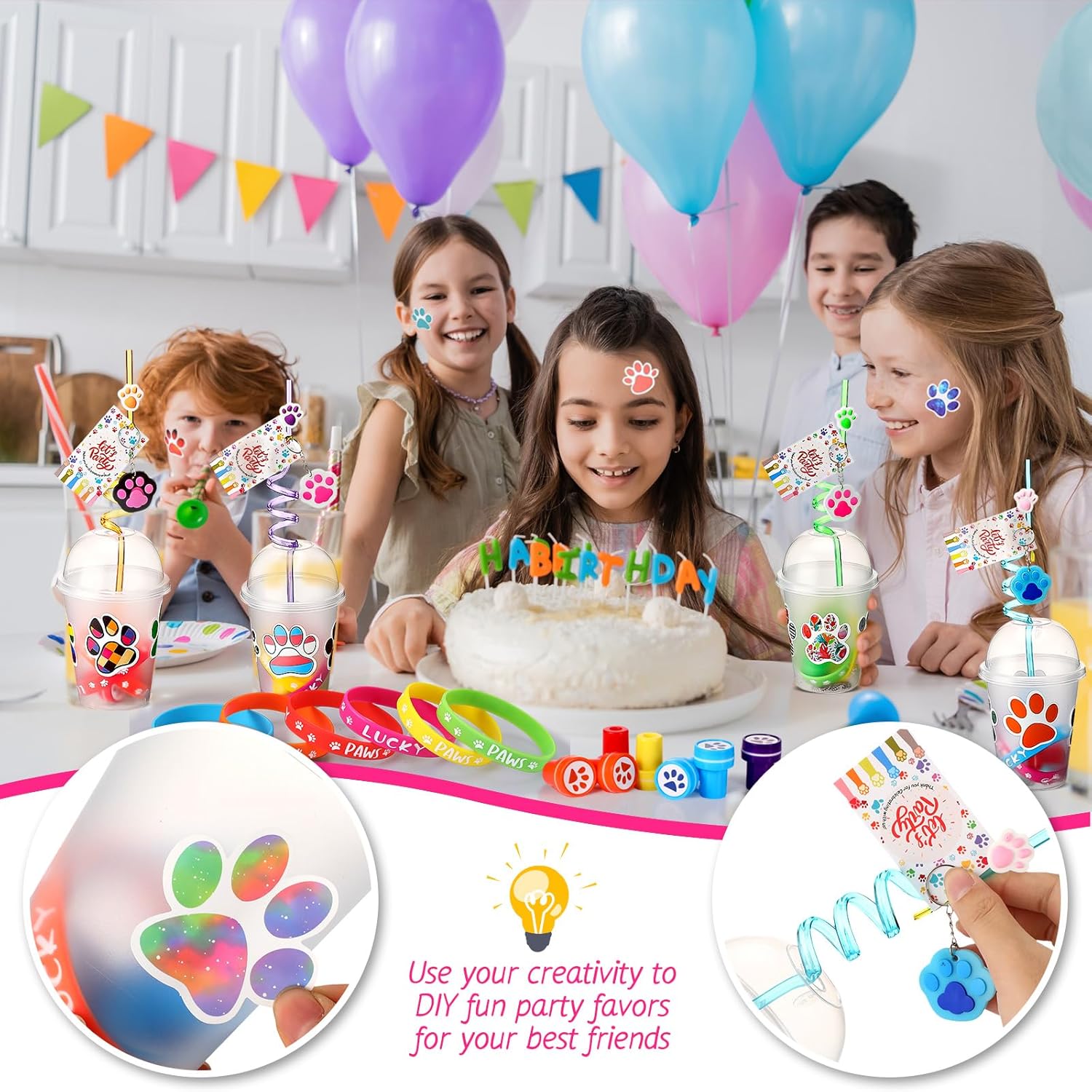 Gejoy 178 Pcs Dog Paw Party Favors Set for 18 Kids Dog Paw Print Party Supplies Reusable Drinking Straws Cups Silicone Bracelet Stamper Sticker Keychain Necklace Thank You Tag for Boys Girls(Funny)