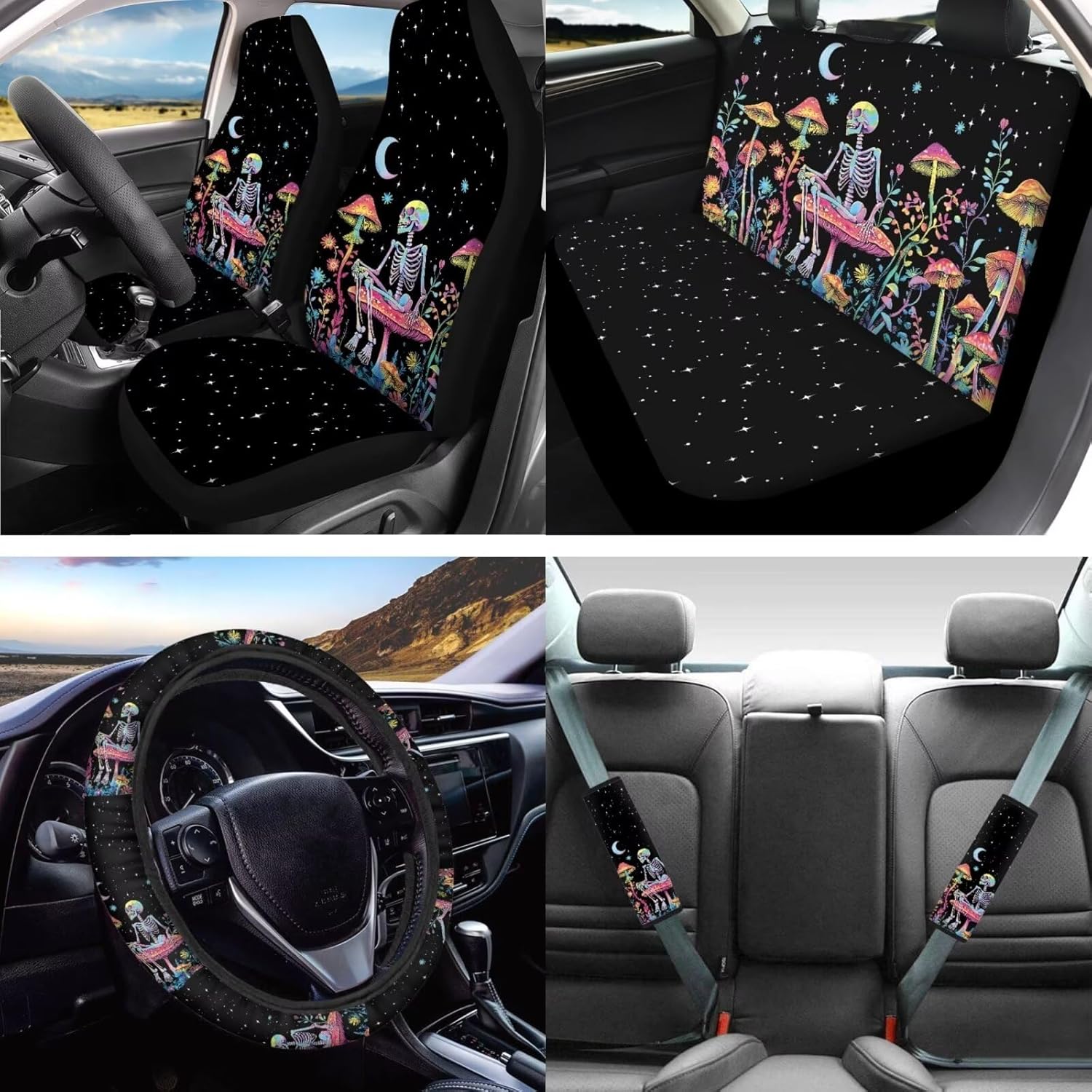 Mushroom Print Car Seat Cover Full Set with Skeleton Printed Steering Wheel Cover Armrest Pads Seat Belt Cover Car Handbrake Cover Gear Shift Knob Cover Headrest Cover Car Coasters