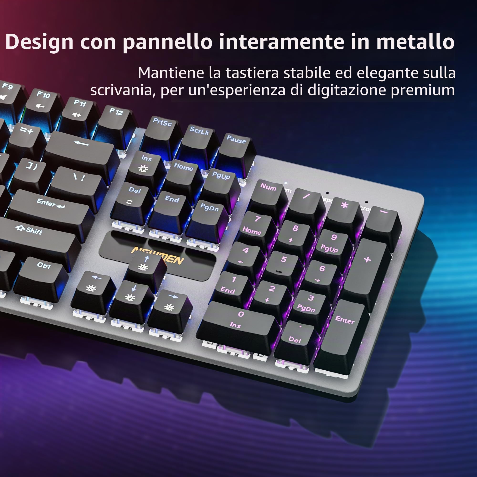 Newmen GM325Pro, tastiera meccanica a 104 tasti, retroilluminata a LED, con cavo, con pannello in metallo hot-swap, tasti neri in ABS, tastiera meccanica da gioco, per Windows, laptop, PC
