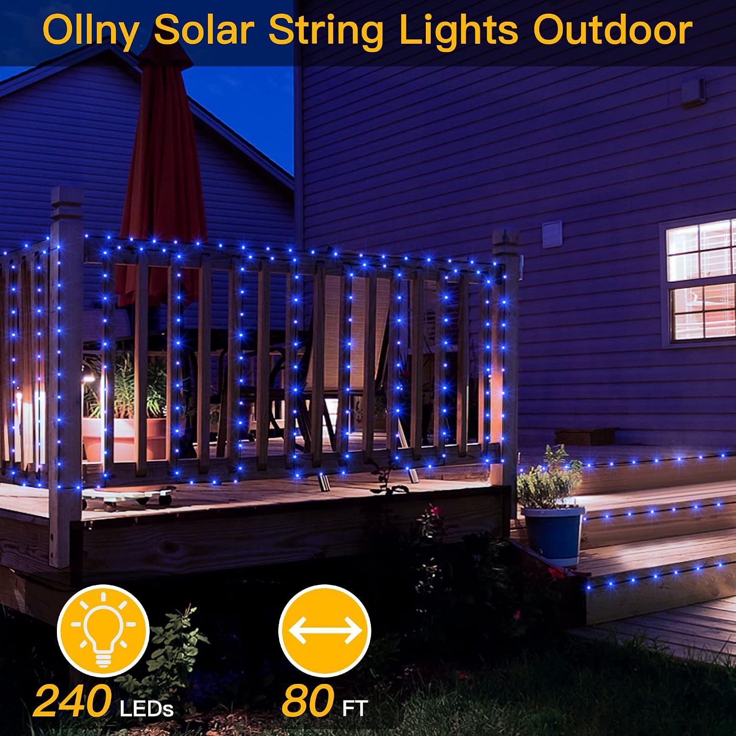 Ollny Solar Christmas Lights, Solar String Lights Outdoor, 240LED/80ft IP67 Waterproof 8 Lighting Modes, Solar Fairy Lights with 3 Timer, Solar Powered Christmas Lights for Garden Yard, Patio, Blue