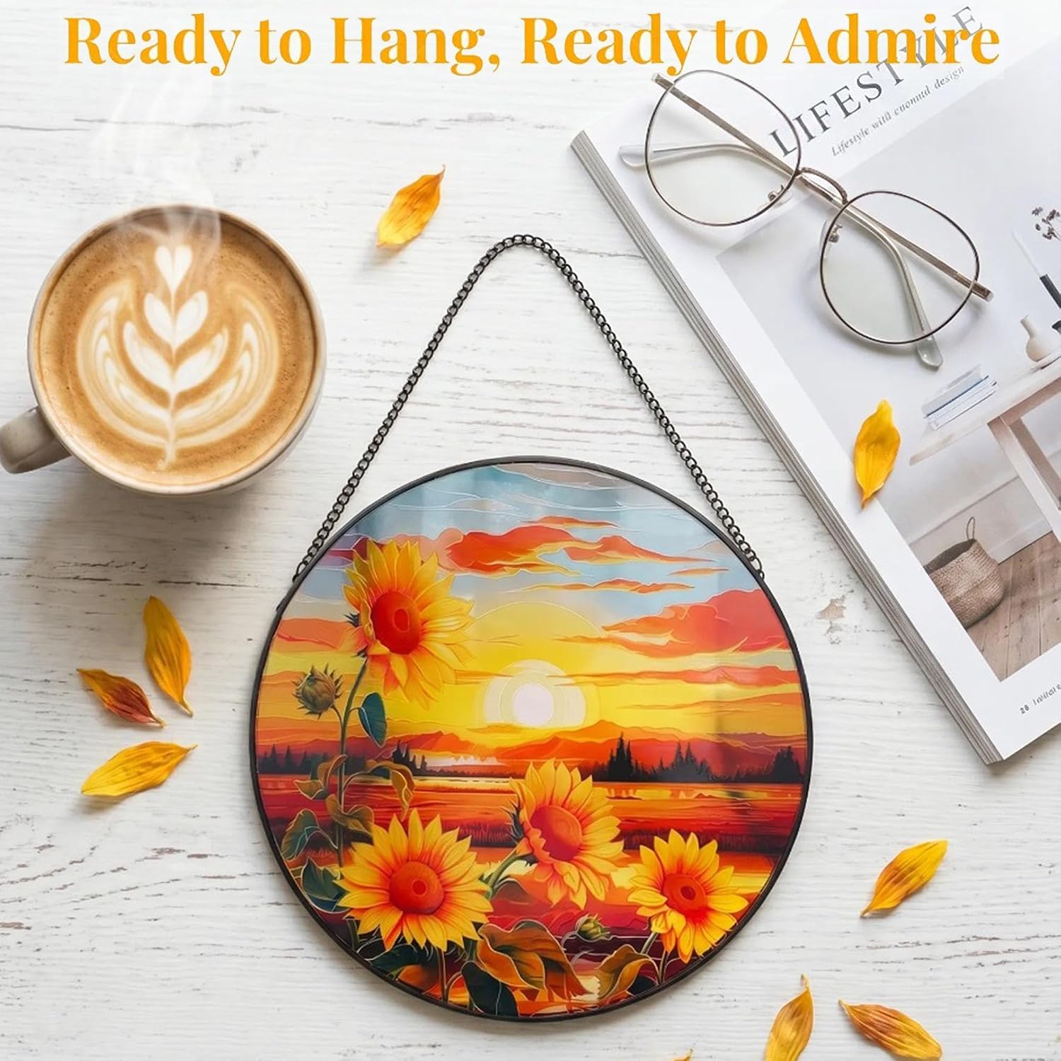 Sunflower Suncatcher Hanging Stained Glass Window Decor, Sunset Sun Catcher Wall Decor for Flower Lovers, Birthday Christmas Thanksgiving Sunflower Gift (25cm/9.8'')