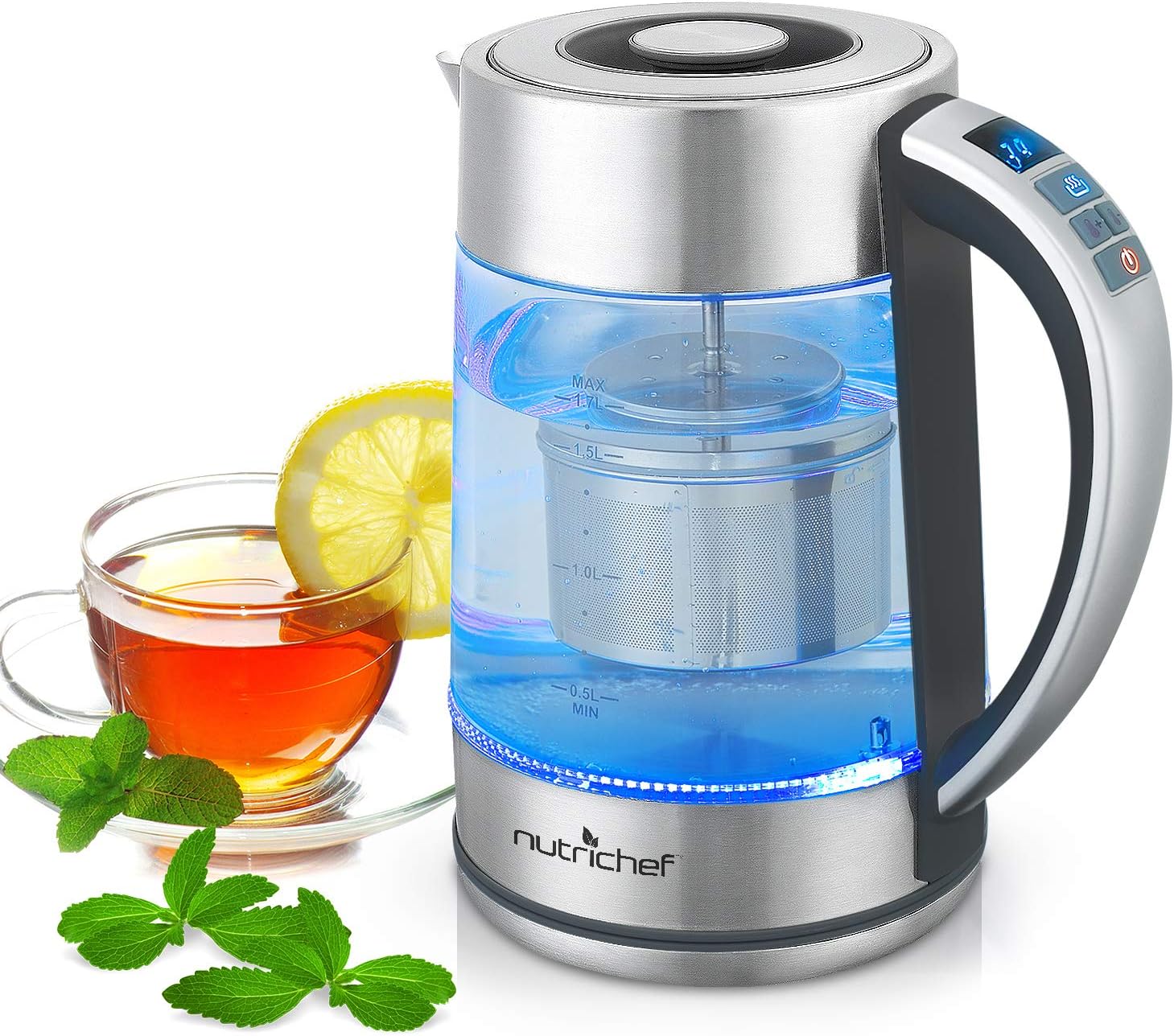 NutriChef Hot Water Boiler Glass Kettle-Digital 1.7L Portable Easy Pour Teapot Electric Coffee Brewer Stainless Steel Inner Pot Filter, Adjustable Temperature Control,60 Mins Keep Warm PKWTK75.5