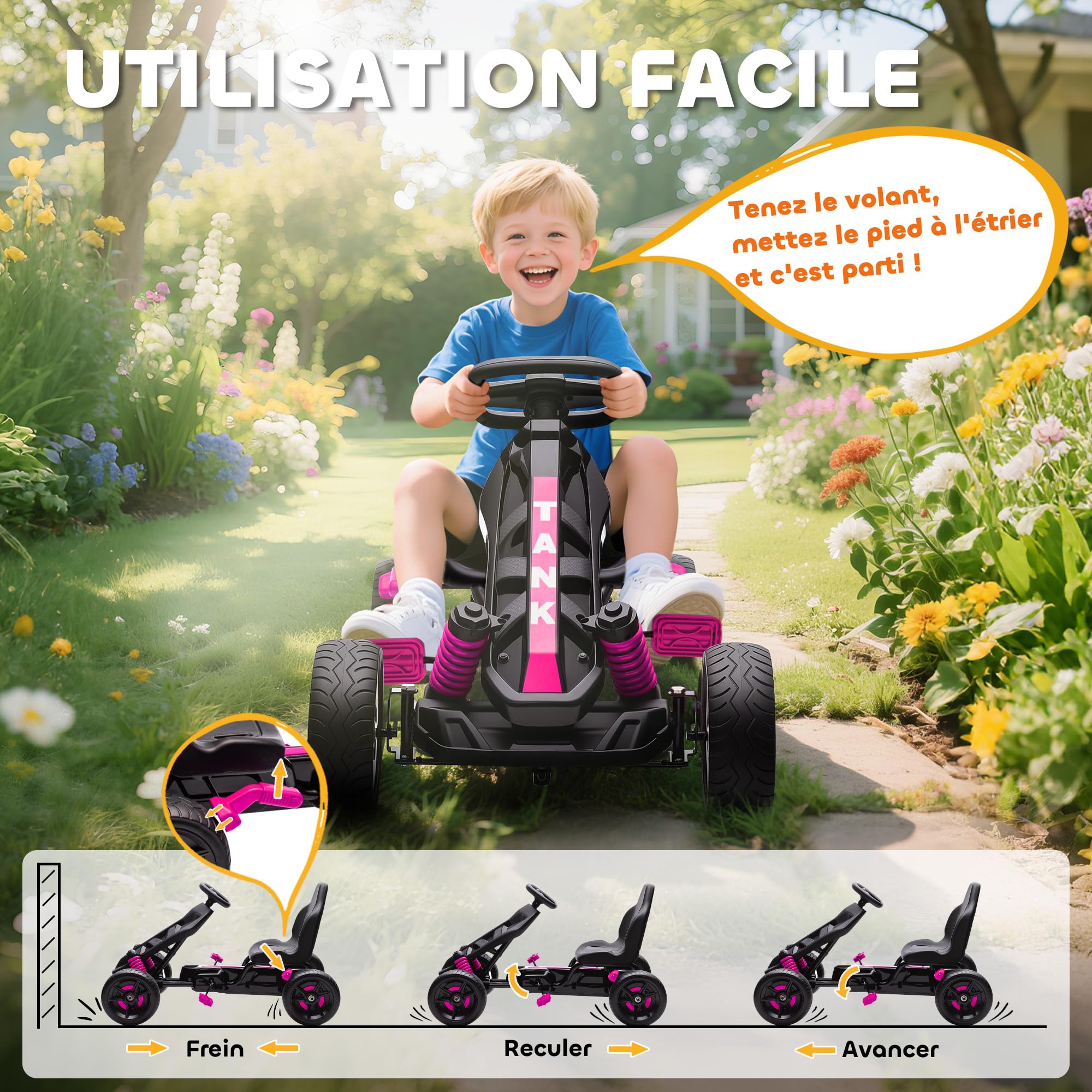 AIYAPLAY Kart a pedales para niños, karting infantil con embrague automático, freno, ruedas de EVA antideslizantes, avanzar y retroceder, coche a pedales para niños de 3 a 6 años, rosa