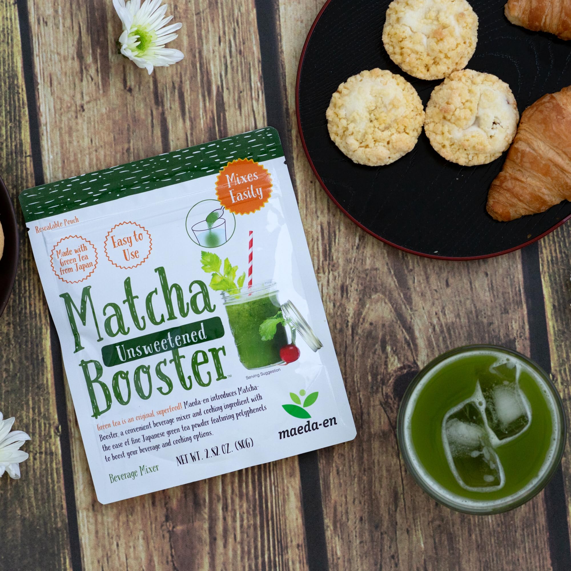 MAEDA-EN Matcha Booster Unsweetened Green Tea Powder 80g Japanese Origin Resealable Pouch for Latte Smoothies and Baking 27143 — view 6