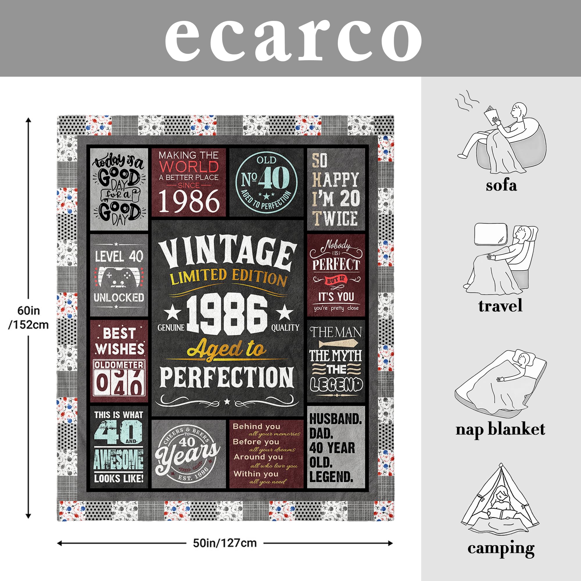 40th Birthday Gifts Men - 40 Year Old Gifts for Men - Turning 40 Gift for 40 Year Old Man - Funny Bday Gift for Male in Their 40s - 1986 40th Birthday Blanket 60" x 50"