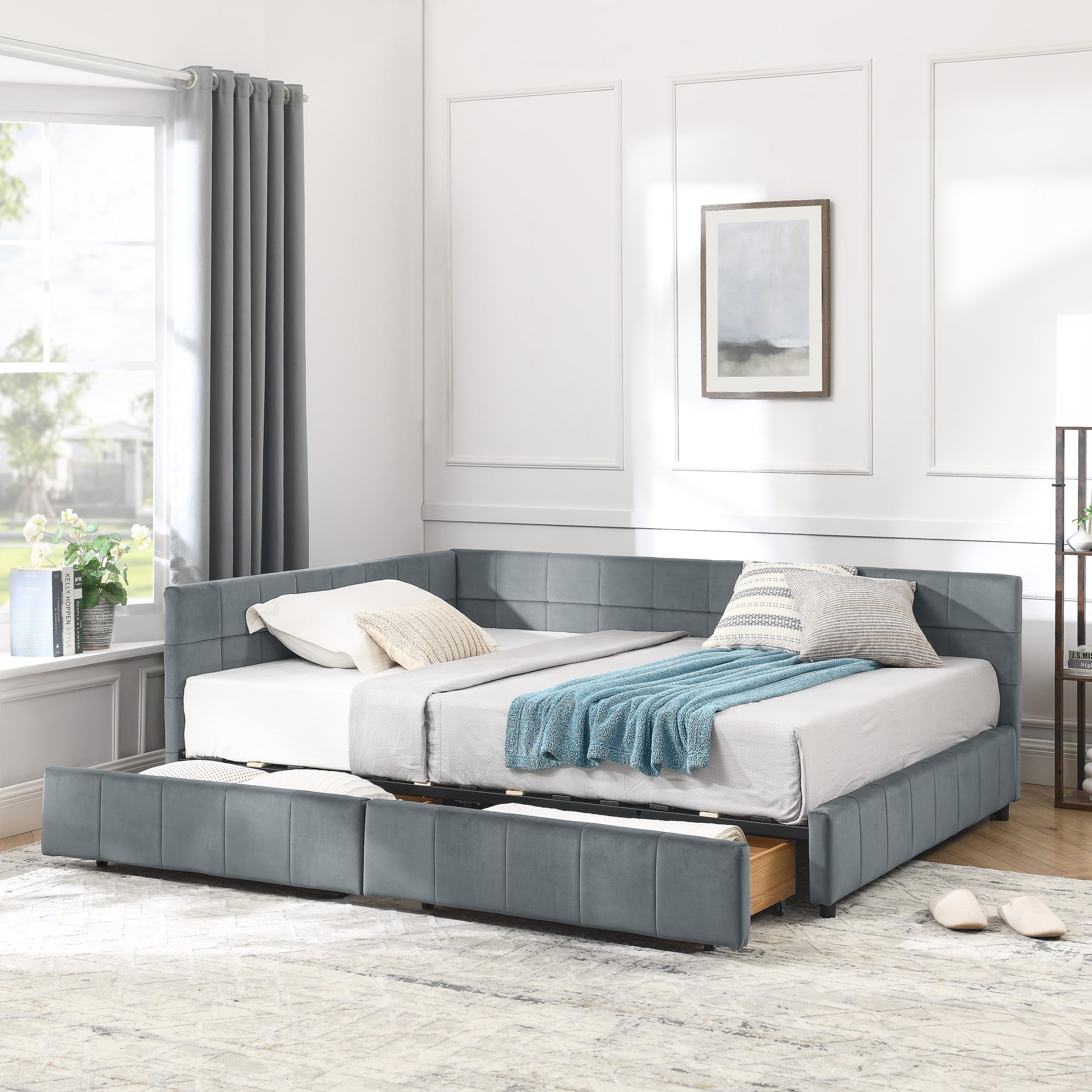 Assembled Ball & Cast Full Size Daybed with Storage Drawers in Grey velvet.