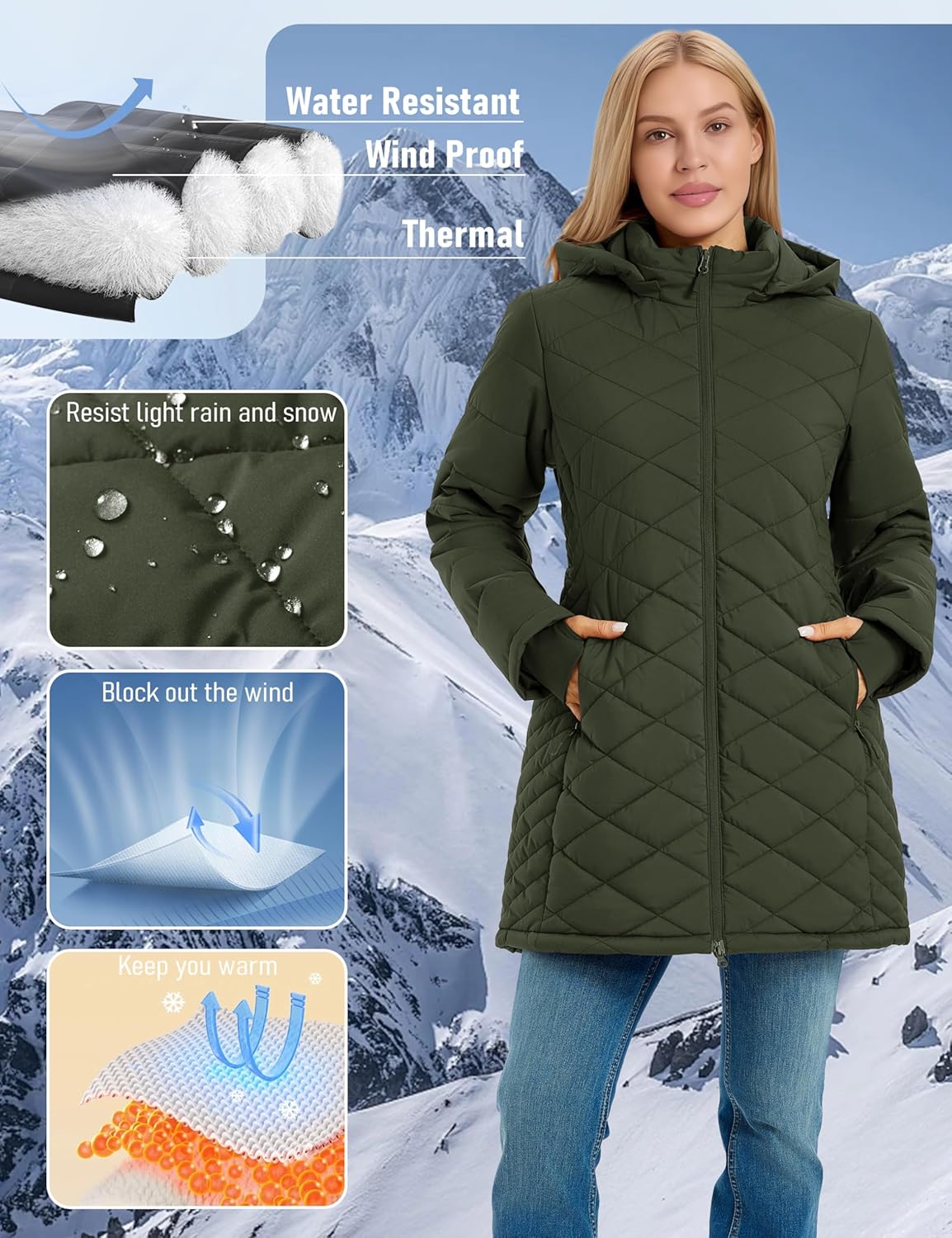 MAGCOMSEN Women's Long Winter Quilted Puffer Jackets Lightweight Warm Insulated Coat Waterproof Outwear Parkas with Hood