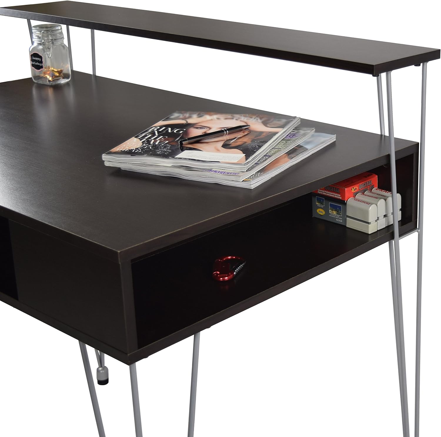 Proman Products Marcus Jr. Modern Home Office Desk with Storage – Functional Computer Writing Desk with Dual Side Compartments, Large Hidden Storage, Raised Display Shelf