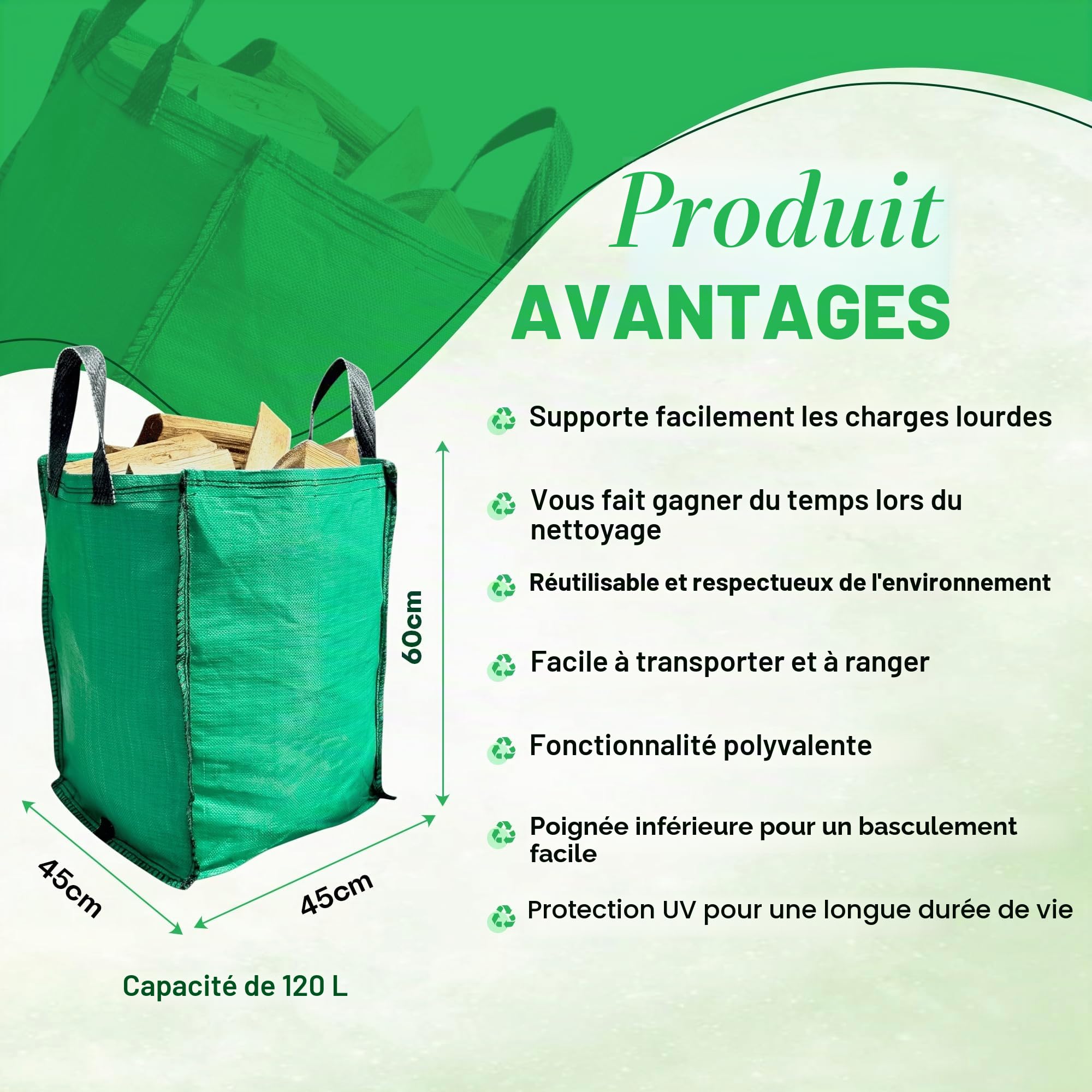 Lot de 3 sacs à déchets de jardin – 120 litres – Sacs à déchets verts très résistants – Tissu industriel et poignées