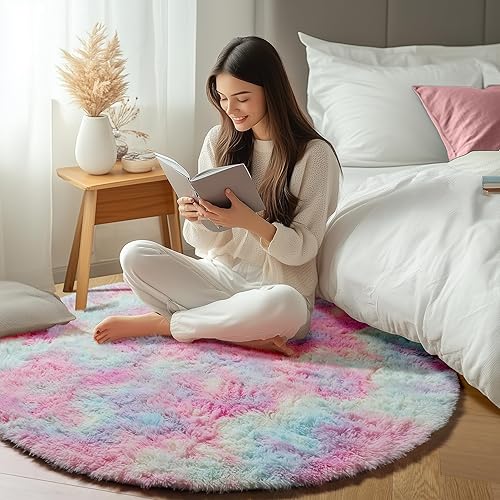 Miniatura 7 de ONASAR Linda alfombra de unicornio para decoración de dormitorio de niñas, 4 pies, alfombra redonda esponjosa arcoíris para habitación de niños,