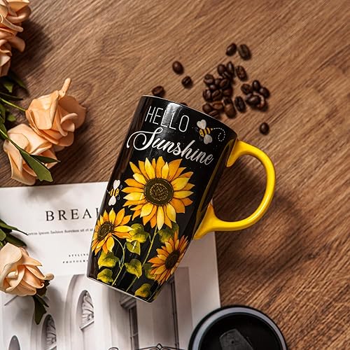 Miniatura 2 de Topadorn Taza de viaje de cerámica con diseño de girasol con tapa y caja de regalo a juego, taza de café con leche, 17 onzas. Hola, sol