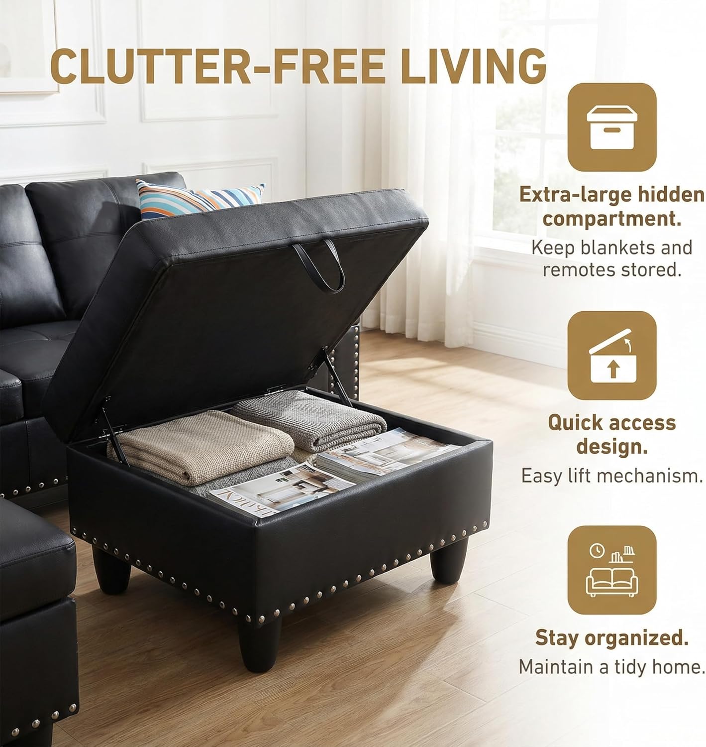 3-Piece L-Shaped Modular Leather Sofa – Convertible Sectional Couch with Movable Chaise & Storage Ottoman, Multi-Scene Use for Living Room, Apartment & Office, Black